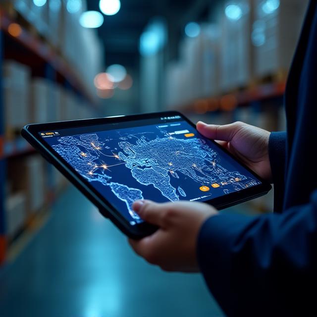 A logistics professional monitoring a real-time tracking interface on a tablet.