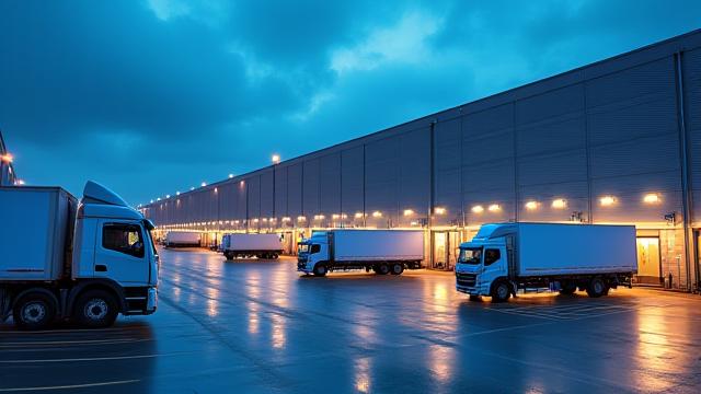 Package distribution warehouse and trucks