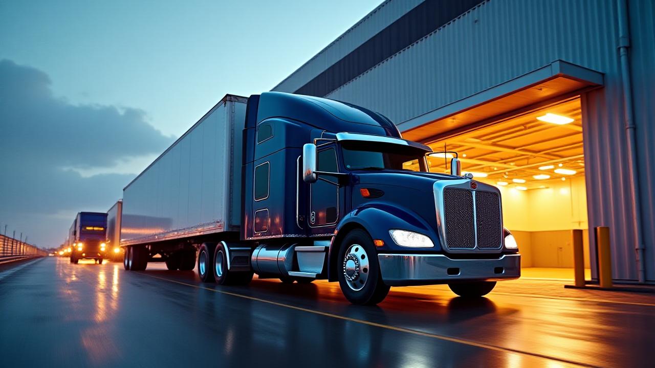 A modern heavy-duty semi-truck docked at an industrial manufacturing facility's loading bay during dusk.
