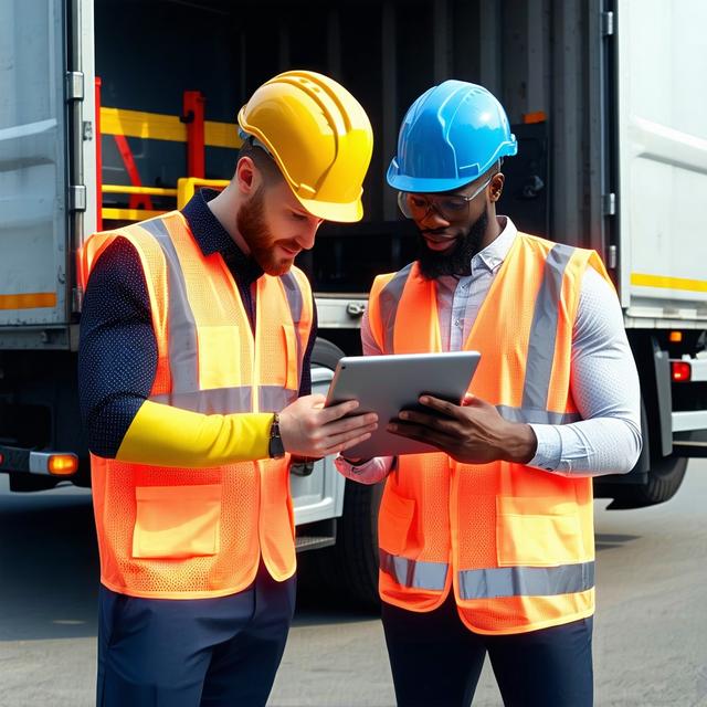 A logistics manager and a driver reviewing cargo manifests next to a secured industrial load.